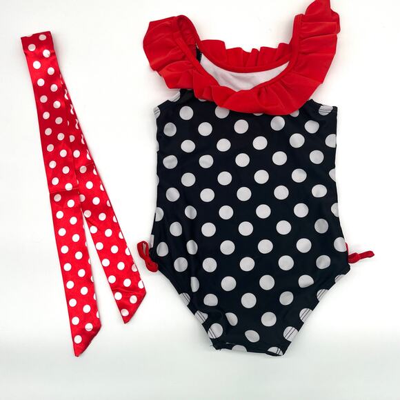 DISNEY Minnie Mouse 4T Girl's One Piece Swimsuit + Hair Ribbon - Picture 4 of 6
